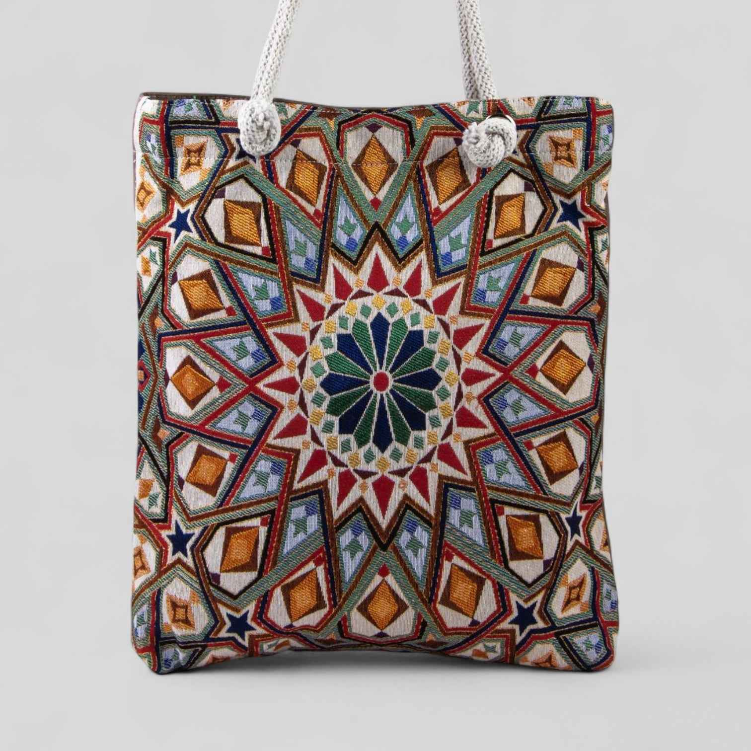 Authentic Kilim Fabric Purse with Rope Handles, Turkish Carpet, Beach Bag, Tote, Reusable Shopping Bag -- Geometric Mandala